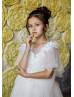 Ruffle Sleeves Beaded Ivory Lace Tulle Feather Flower Girl Dress